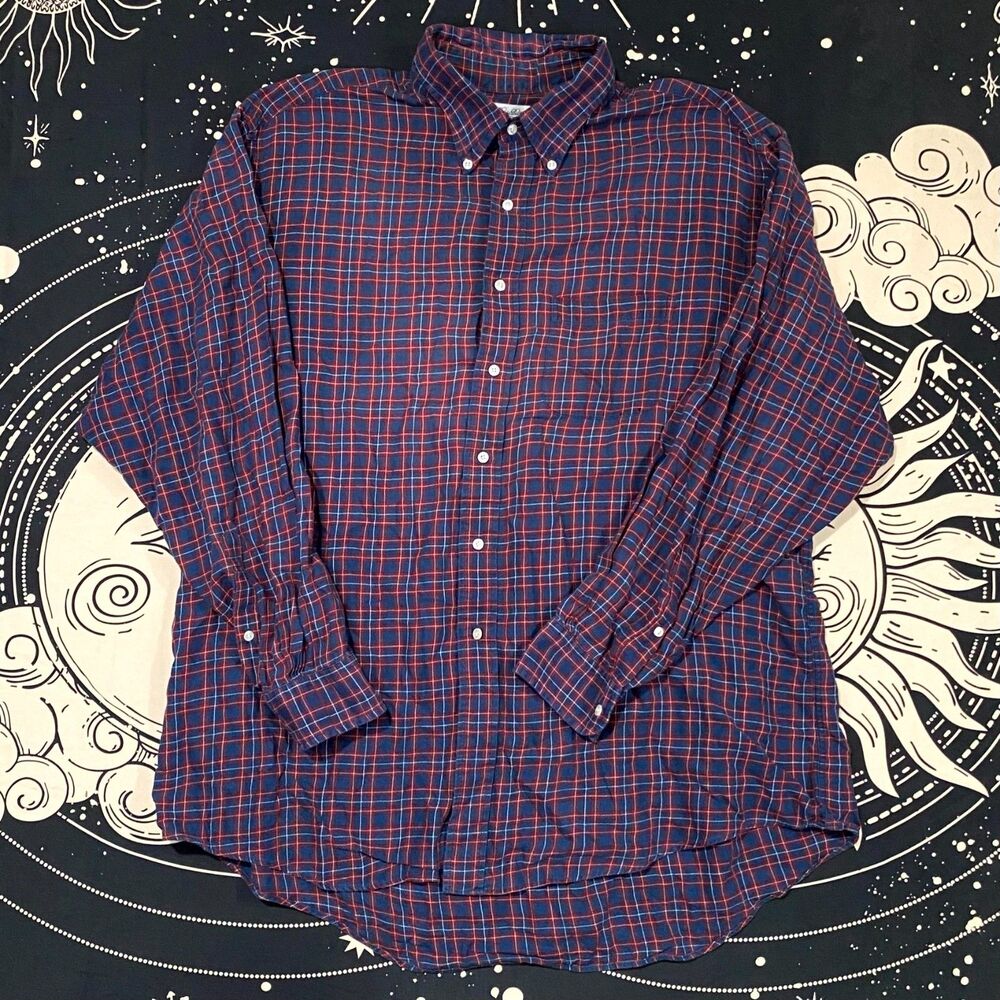 Brooks Brothers Button-Down Shirt Mens XL Blue Cotton Plaid Workwear Travel